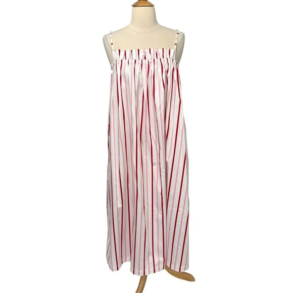 Lake Poplin Ruffle Midi Nightgown in Candy Stripe Red White Pink Pockets Size XS - Picture 10 of 10